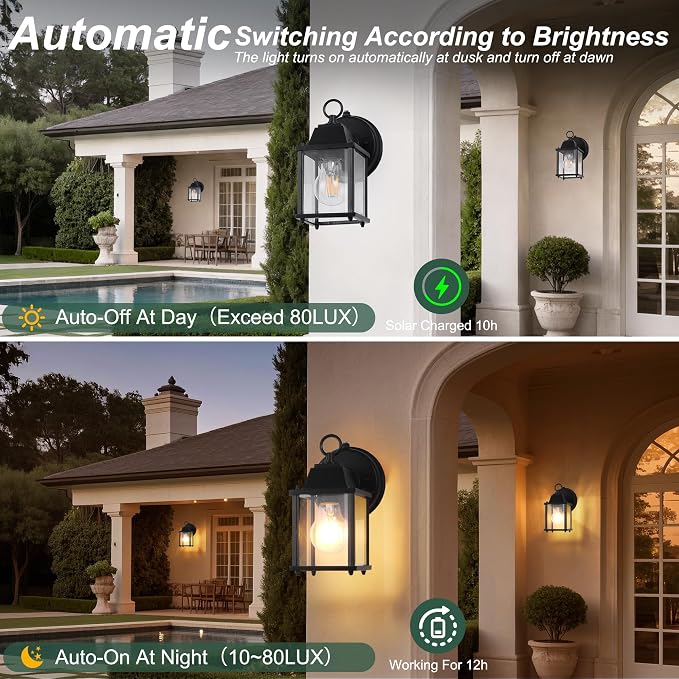 Dawn to Dusk Sensor Outdoor Wall Light Fixtures Waterproof Porch Lights Anti-Rust Black Exterior Lighting Fixtures Outdoor Wall Lantern for House -2 Pack