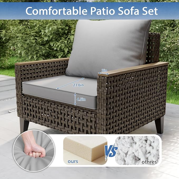 8Piece Patio Furniture Set with 50000 BTU Propane Fire Pit Table, All-Weather Wicker Rattan Outdoor Sectional Sofa Set with High Back and Thick Cushions for Garden, Porch, Poolside, Grey