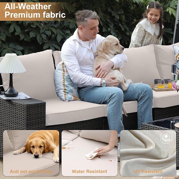 JOYURE 2 Pieces Patio Furniture Set, Outdoor Sofa with Waterproof Cushions, Rattan L Shaped Patio Couch, Modern Outdoor Furniture for Backyard, Deck, Balcony – Beige
