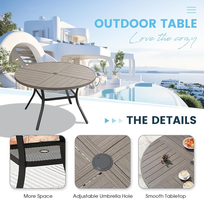 Patio Dining Table for 4-6, Round Metal Outdoor Table with Storage Shelf, 1.57" Umbrella Hole, 47" Outdoor Quartered Tabletop Dining Table for Backyard, Porch, Lawn, Grey