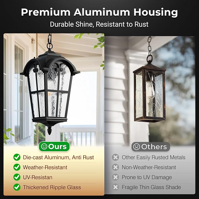 VIANIS 18.7'' Large Outdoor Pendant Lights, Black Hanging Porch Light Fixture, Aluminum Outside Ceiling Lighting for House, Porch, Doorway, Vintage Style, Waterproof and Anti-Rust, 1-Pack