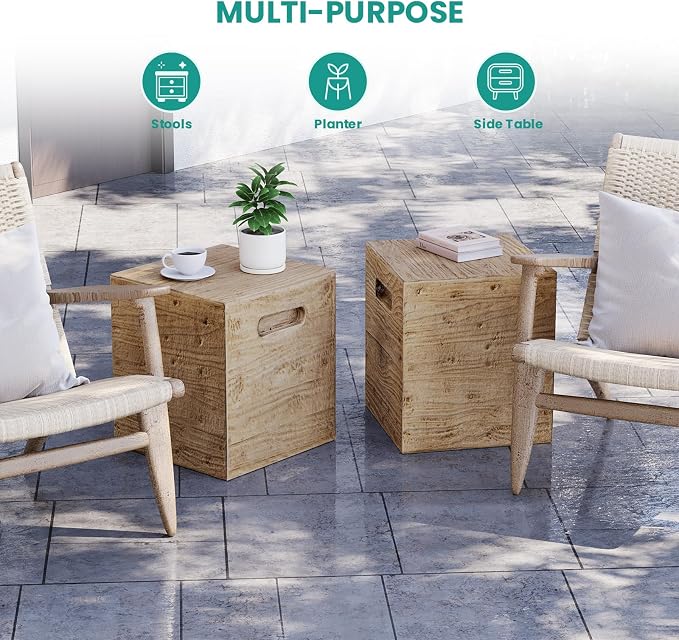 SUNBURY Outdoor Side Table, Faux Wooden Concrete Side Table, Square Lightweight End Table, Patio Accent Stump Stool Decorative for Planter Stand, Deck or Garden, Light Oak