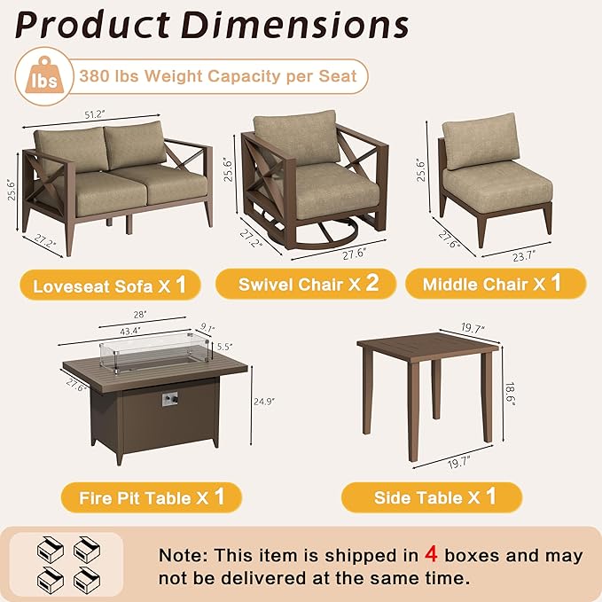 Aluminum Patio Furniture Set with Oversized Fire Pit Table, 7-Piece All-Weather Outdoor Conversation Set with Swivel Rocking Chairs, Oversized Modern Sofa for Backyard, Deck, Balcony-Brown