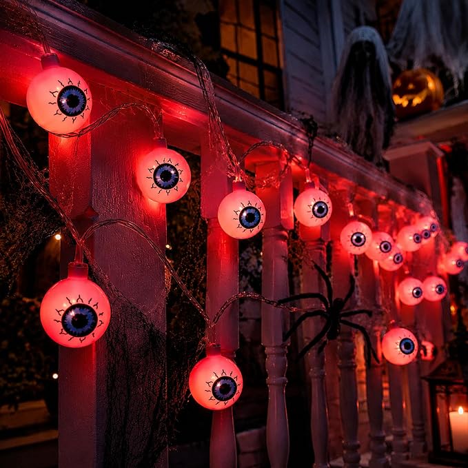 Crazy Night Halloween String Lights 10Ft 20 LEDs Battery Operated Red Eyeball Lights with Steady Flashing Modes Halloween Party Decor