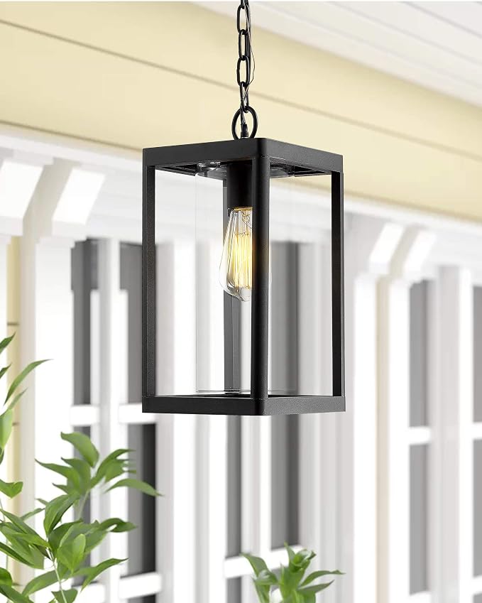 Beionxii Outdoor Pendant Light, Modern Exterior Hanging Porch Lantern | Hardwired 120V, Black Cast Aluminum w/Clear Cylinder Glass (15" x 7.1") for Coastal Pillars, Paths, Porch, A291H-1PK