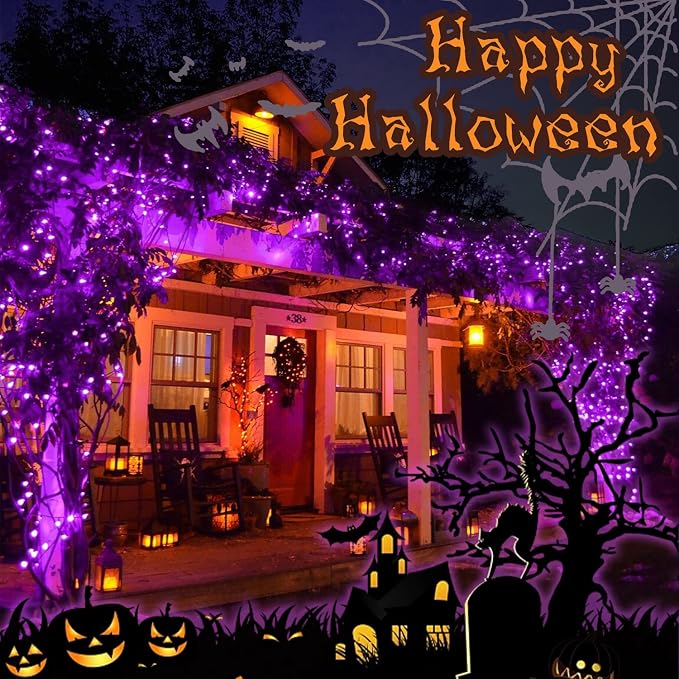 Halloween Purple String Lights Outdoor 33Ft 100LED Battery Operated Fairy Lights with Waterproof Remote Timer for Hanging Garden Party Holiday Decor