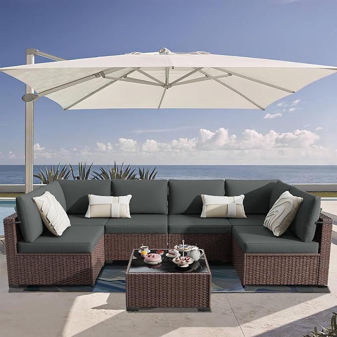 KIGOTY 7-Piece Patio Furniture Set, All-Weather PE Rattan Outdoor Sectional Sofa, Modular Wicker Conversation Set with Thick Cushions & Easy-Clean Coffee Table（Brown/Dark Grey）