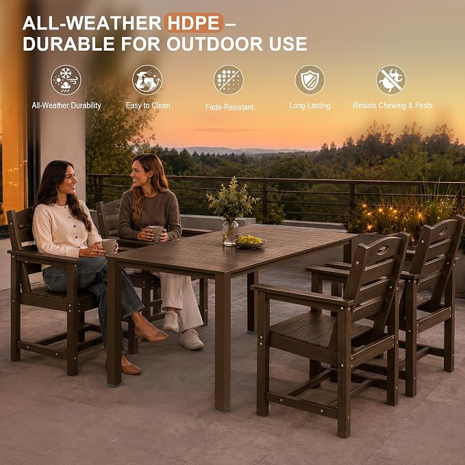 Domi HDPE Outdoor Dining Set, All-Weather 7 Piece Outdoor Dining Table Set with 2" Umbrella Hole, Outdoor Patio Dining Set for Garden, Poolside, Backyard, Deck, Brown