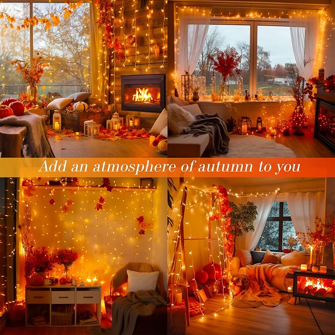 JMEXSUSS Connectable 100 LED Orange Halloween Lights Indoor with 8 Modes | 33ft Halloween String Lights Clear Wire, Plug in Fall Lights Thanksgiving Lights, Christmas Twinkle Lights Plug in for Tree