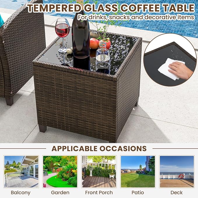 ORALNER 5 Pieces Patio Furniture Set with Ottoman, Wicker Conversation Set w/Cushions, Glass Coffee Table, Outdoor Rattan Lounger Chairs Bistro Set for Porch Balcony Garden Deck Poolside (Turquoise)