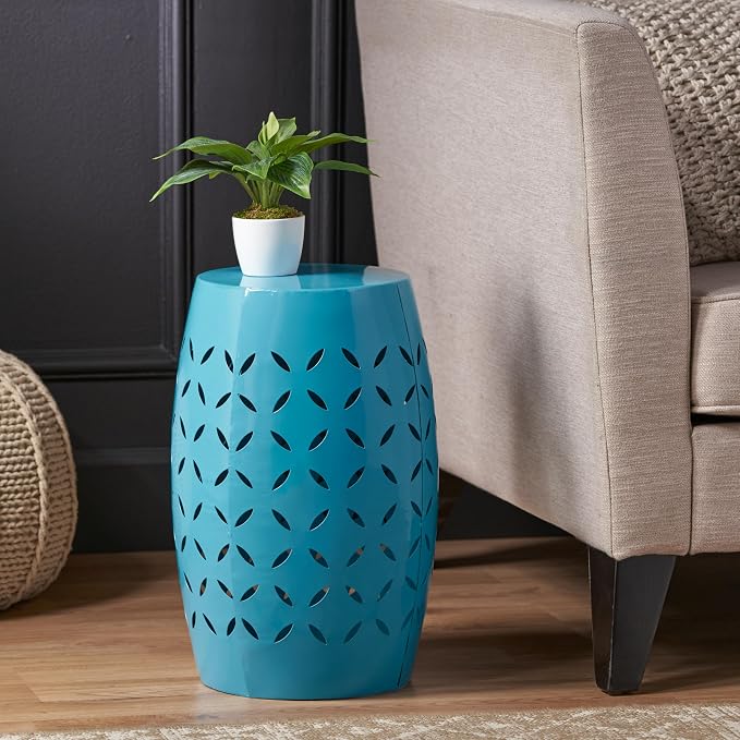 Merax Outdoor and Indoor Patio Garden Lace Cut Iron End Side Table, Round Hollow Drum Shape, for Small Spaces, Living Room, Front Porch, and Poolside, Blue
