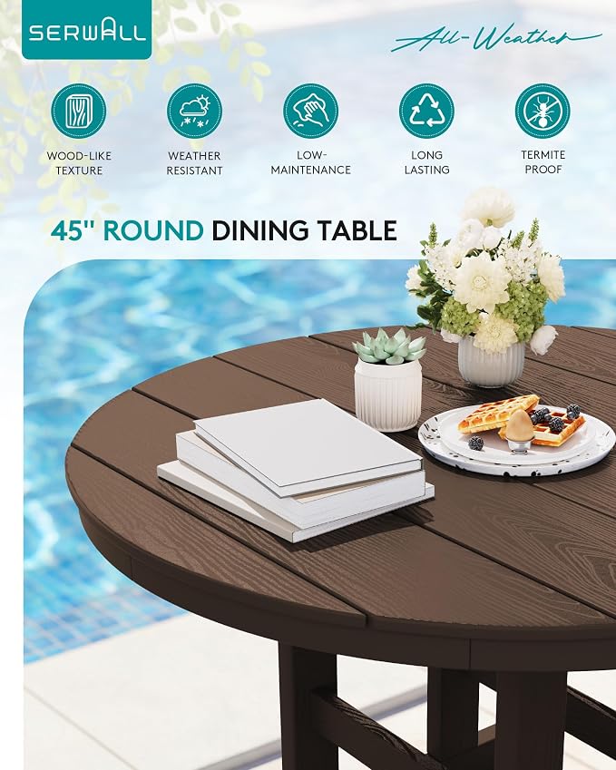 SERWALL 5-Piece Patio Dining Sets, HDPE Outdoor Table and Chairs Furniture Set, 45" Round Dining Table and 4 Dining Chairs, Coffee