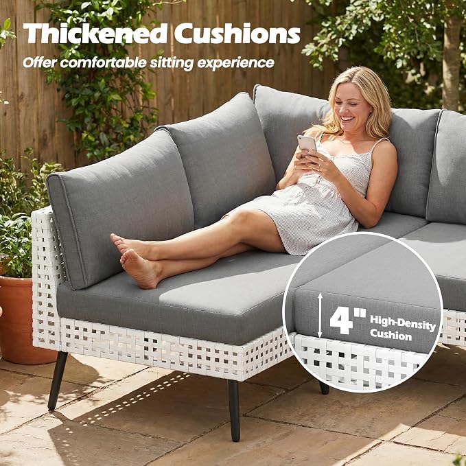 Vikiullf 5-Pieces Patio Sectional Sofa Set, White Wicker Outdoor Furniture with 4" High-Density Cushions, Deep Seating Conversation Set with Coffee Table, for Backyard, Poolside, Garden