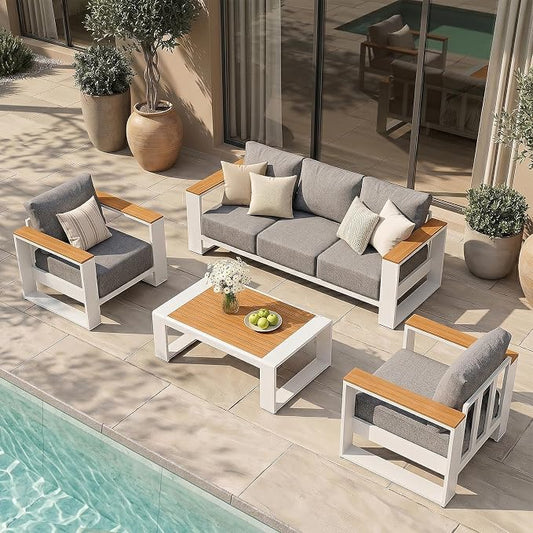 Oversized Aluminum Patio Furniture Set, 4 Pieces Luxury Outdoor Furniture Set with 7.1" Extra Thick Cushion, Modern Outdoor Sectional with Coffee Table for Porch, Garden and Deck, White