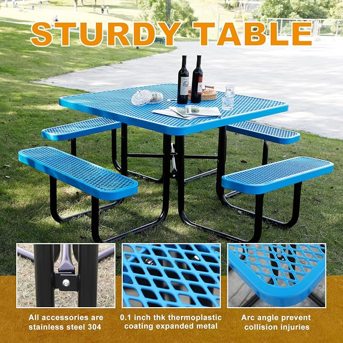 46-Inch Square Outdoor Picnic Table – Commercial Heavy-Duty Steel Dining Table with Thermoplastic Coating, Weather & Rust Resistant, Ideal for Parks, Patios, Schools, Campgrounds (Blue)