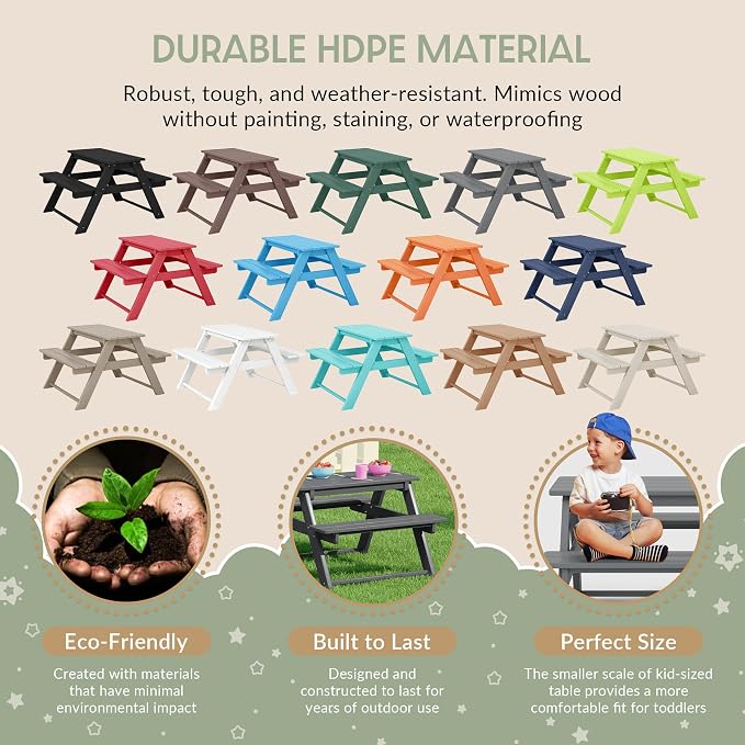 WestinTrends Malibu Outdoor Patio and Indoor Kids HDPE Plastic Picnic Bench Table, Gray
