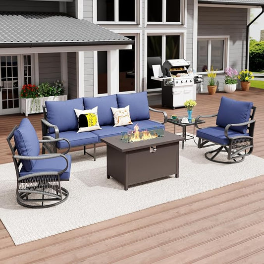 5 Piece Patio Furniture Set with 50000 BTU Propane Fire Pit Table, All Weather Outdoor Conversation Set with 2 Swivel Chairs, Sofa and Thick Cushions for Garden, Porch, Lawn, Blue