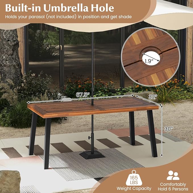 Tangkula 67.5 Inch Acacia Wood Outdoor Dining Table for 6, Patio Table with with Umbrella Hole & Metal Legs, Indoor & Outdoor Rectangular Table for Garden Park Poolside Porch