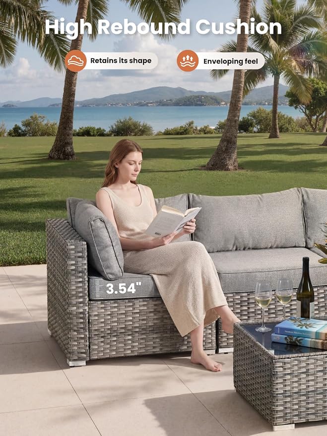 ovios Outdoor 10 Piece Coversation Set with Swivel Rocking Chair,Sectional Patio Furniture Set with All-Weather Wicker Sofa,Modern Outside Couch for Balcony Backyard Pool, Dark Grey