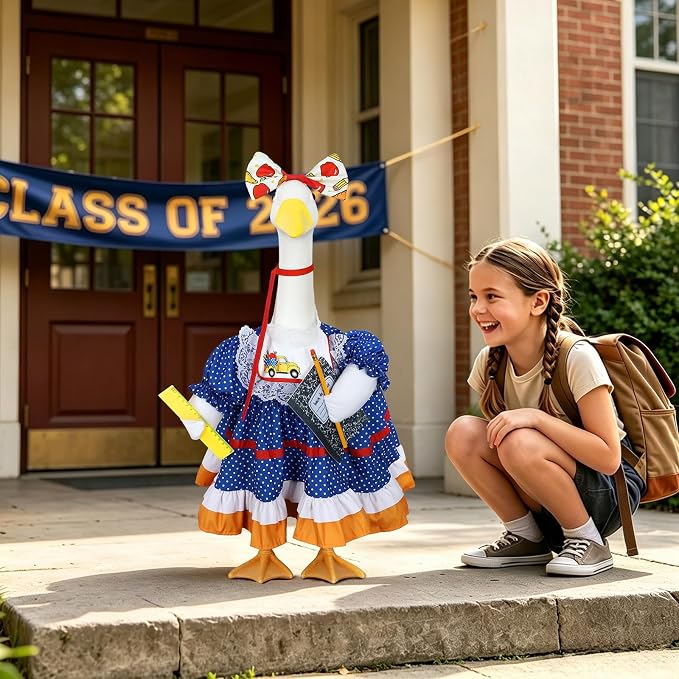 Back to School Porch Goose Outfit for 23" Plastic/Cement Porch Goose Statue | School-inspired Retro Polka Dot Dress with Pencil, Notebook, Ruler, Ideal for School Outdoor Garden, Yard, Patio, Porch Decor