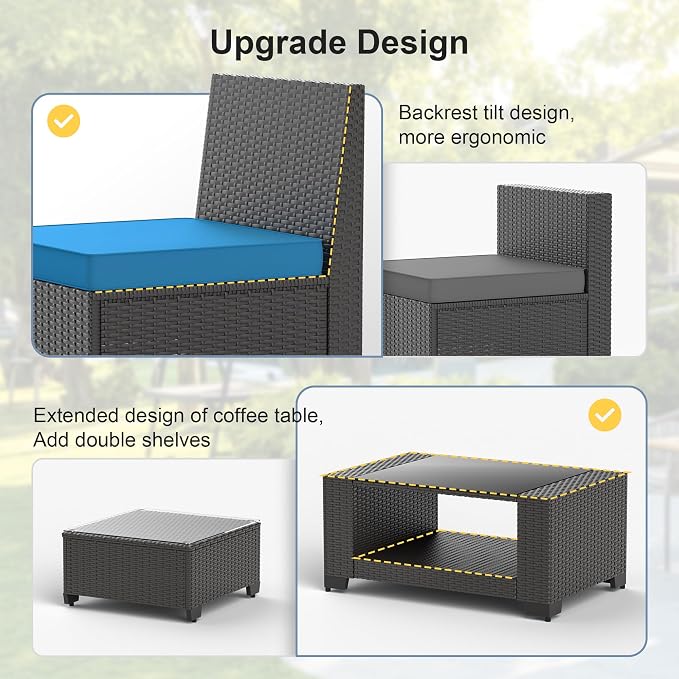 7PCS Patio Furniture Set, Outdoor Furniture All Weather Balcony Furniture with Thick Anti-Slip Cushions & Glass Table PE Rattan Patio Conversation Set for Backyard Garden (Peacock-Blue/XB, 7PCS)