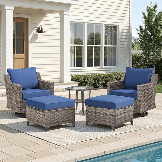 Belord Patio Wicker Swivel Rocker Patio Chairs with Side Table, Outdoor Rattan Chairs for Deck Porch Garden, 5 Piece Luxury Patio Furniture Set, Blue