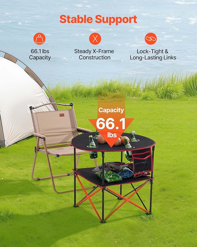 VEVOR Folding Camping Table, Portable Outdoor Lightweight Picnic Table, 600D Oxford Fabric Waterproof Canvas Travel Beach Tables, with 4 Cup Holders, Carry Bag, for Tailgating Camping Picnic, Black