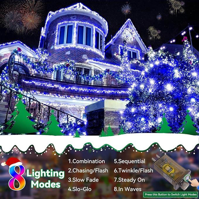 Christmas Lights Outdoor, 125FT 350 LED String Lights 8 Modes and Timer Memory Function Twinkle Fairy Lights Waterproof Plug in for Xmas Tree Wedding Party Holiday Decor(Blue)