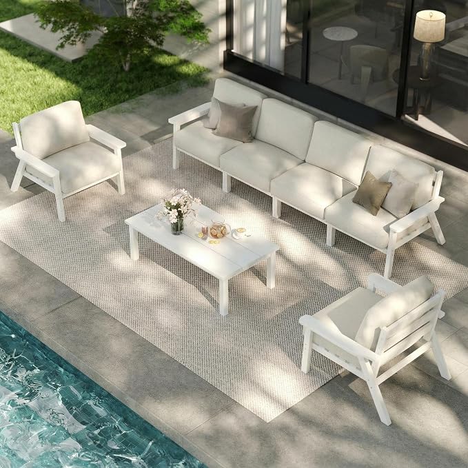 Patio Furniture Set 6 Seats, HDPE Outdoor Sectional with Beige Washable Thick Cushions, Coffee Table, Patio Conversation Sets for Lawn, Garden, Porch, Balcony, Deck (White Frame)