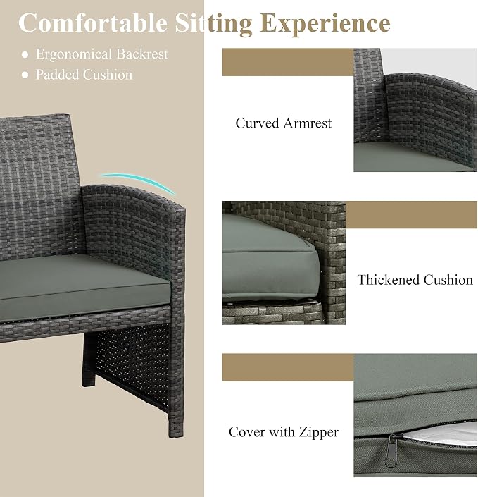 JAMFLY 4 Piece Outdoor Patio Furniture Set, Outdoor Wicker Rattan Chairs Conversation Sets with Cushions & Coffee Table for Outside, Garden, Balcony, Porch, Grey