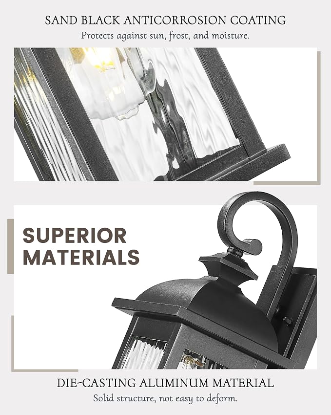 FEMILA Outdoor Wall Light Fixture, 1-Light Exterior Waterproof Wall Sconce, 15" Front Porch Lights, Anti-Rust Matte Black Finish with Water Ripple Glass, 4FD54B BK-WP