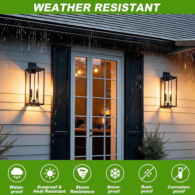 FILIYANO Large 24 Inch Outdoor Wall Light Fixtures, Black, 2-Pack | IP65 Waterproof, Anti Rust, Hardwired, Tempered Glass, E12, 2-light, Modern, Exterior, Porch, Garage and Front Door Lantern
