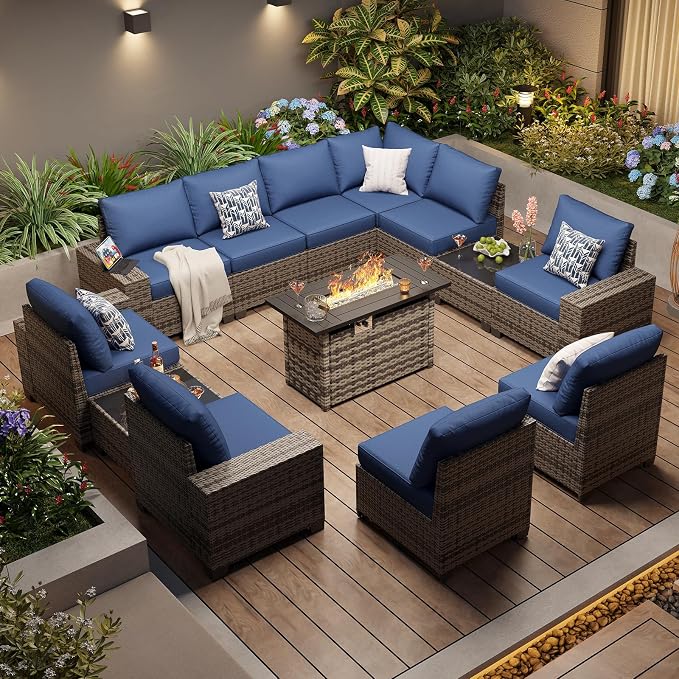 Aoxun Patio Furniture Sets with 44'' Fire Pit, 13 Pcs Outdoor Patio Coversation Set with 4in Thicken Cushion, Widen Armrests Wicker Outdoor Sectional for Backyard