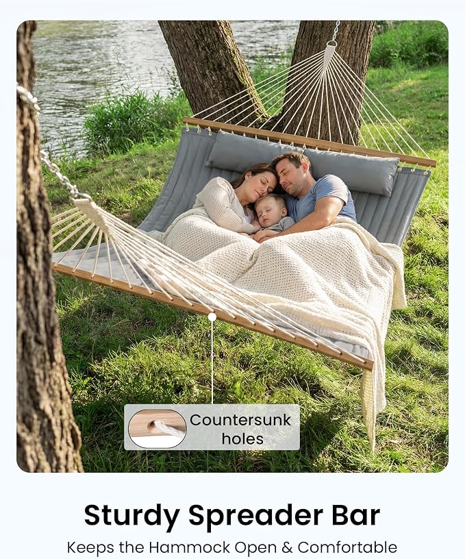 ANAGOO Double Hammock with Spreader Bar & Pillow, 2-Person Portable Hammock, 500lbs Capacity for Outdoor Camping, Patio, Backyard, Garden, Beach & Travel Relaxation – Gray