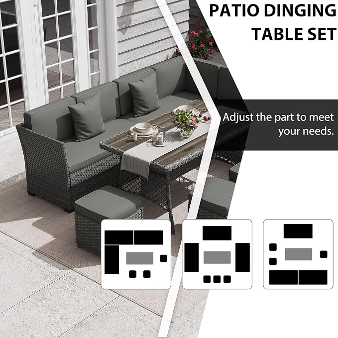 KIGOTY 7 Piece Patio Furniture Set, Outdoor PE Wicker Rattan Outdoor Dining Set, Patio Table and Chairs Set, Patio Conversation Sofa Set with Dining Table and Ottoman(Grey-Grey)