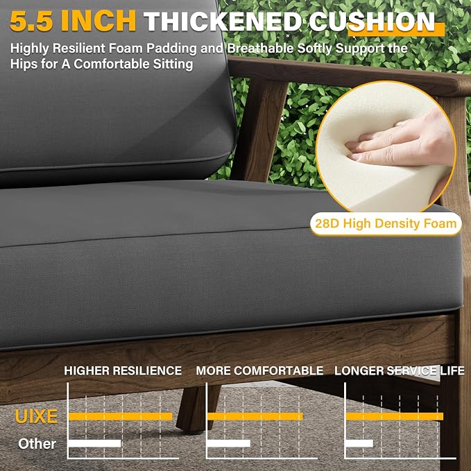 2 Piece Wood Patio Chair Outdoor Bistro Set, Outdoor Armrest Chair All Weather Patio Sofa Furniture Backyard Conversation Sets with Cushions, Grey