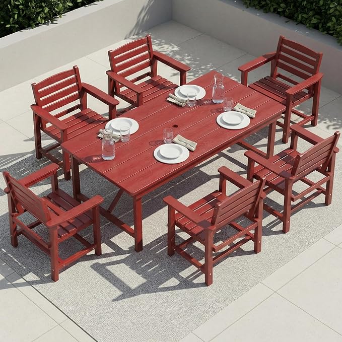 Outdoor HDPE Dining Set 5 Pieces, Patio Table with Umbrella Hole and 4 Chairs, All Weather Patio Furniture for Lawn, Garden, Backyard, Deck, Poolside, Outdoor Dining Table and Chairs, Red