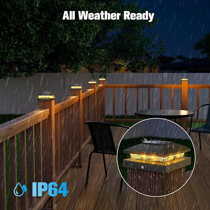 VOLISUN 4x4 Solar Post Cap Light 8pack,Solar Fence - Post Lights Outdoor Waterproof for Wooden/Vinyl Post,Black Deck Post Cap Light Solar Powered with Warm White for Garden/Patio/Porch
