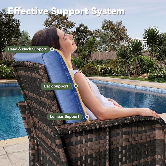 Aoxun 7-Piece Patio Furniture Set with 44” Fire Pit Table, Wicker Rattan Outdoor Sectional Sofa with High Back Swivel Rocker Chairs, Outdoor Patio Furniture Set with Thick Cushions & Ottoman, Blue