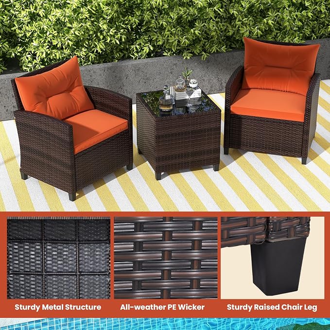 ORALNER 3 Pieces Patio Furniture Set, Outdoor Wicker Conversation Set Rattan Chairs with Cushions, Glass Coffee Table, Bistro Set for Front Porch Balcony Garden Deck Poolside (Orange)