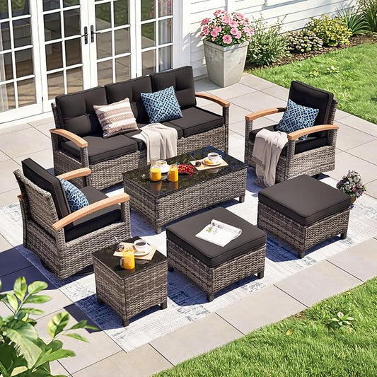 MEISSALIVVE 7 Pieces Patio Furniture Sets,Wicker Patio Conversation Sets with 2 Wood Armrests Swivel Glide Chairs, 2 Ottoman, 3-seat Sofa and Coffee Table (Black)