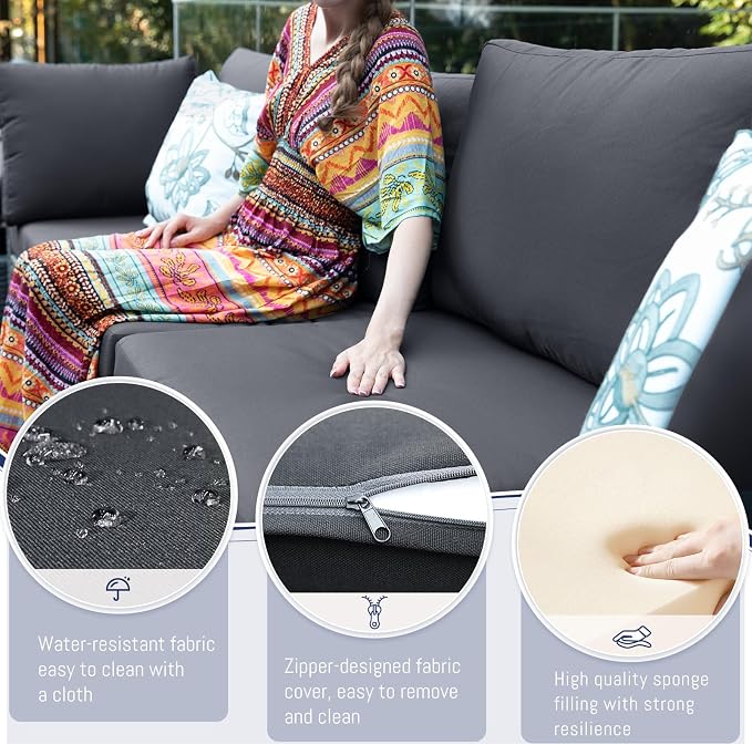BULEXYARD 9 Pcs Highback Patio Furniture Set with Firepit, High-End Outdoor Sectional Couch with Ottoman 8-Seats, Cozy Comfy Wide Deep Deck Seating Group Conversation, Grey Rattan & Dark Gray Cushion