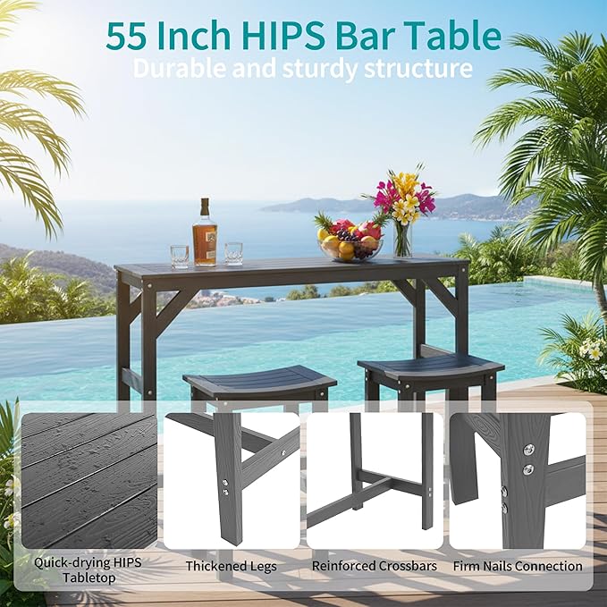 HIPS Outdoor Patio Bar Table, All Weather HIPS Table for Outside, 55" Rectangular High Top Table for Poolside, Patio, Balcony, Deck (Black, Bar Table)