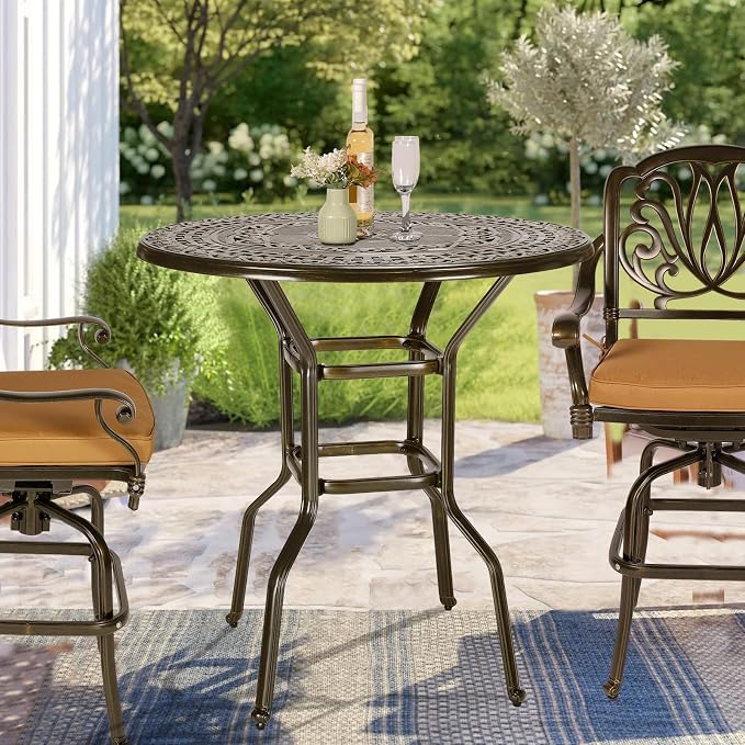 VIVIJASON 38.5" Patio Height Bar Table, All-Weather Cast Aluminum Bar Bistro Table Outdoor Patio Round Dining Table with Umbrella Hole for Balcony, Lawn, Garden, Backyard, Antique Bronze