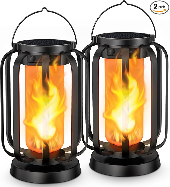 Hompavo Gen2 Solar Lanterns Outdoor Lights with Ultra-Real Flame | USB/Solar Charging & 4-Mode, Waterproof Decorative Hanging/Table Light for Pathway Yard Patio Garden Decor Gifts for Women, 2