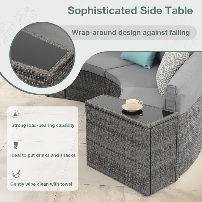 SUNSITT Rattan PE Resin Wicker Patio Side Table 2-Pack Sofa Wedge End Table with Tempered Glass Top, Grey