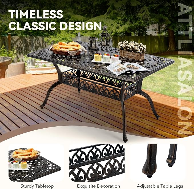 7 Piece Outdoor Dining Set Cast Aluminum Furniture Set，Retro Patio Dining Set for 6 Includes 59” Table and 6 Swivel Chairs with Cushions and 2" Umbrella Hole for Patio Deck Garden Poolside