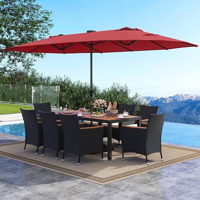 Tangkula 11 Pieces Patio Dining Set with Double-Sided Led Patio Umbrella (Base Included), with 8 Stackable Chairs, Acacia Wood Dining Table and Large Umbrella with Solar Lights (Burgundy + Off White)