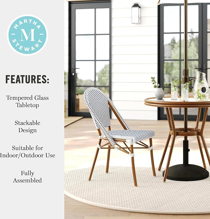 Martha Stewart Lily Pond 31” Round Indoor-Outdoor Bistro Dining Table with Aluminum Frame in Natural Woodgrain and Rattan Top in White/Navy with Tempered Glass Top