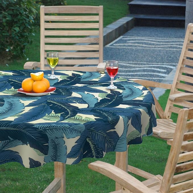DYTXIII Outdoor Round Tablecloth with Umbrella Hole 60 Inch, Water Repellent & Fade Resistant Table Cover, All Weather Outdoor Tablecloth for Garden & Party Table, Palms Blue